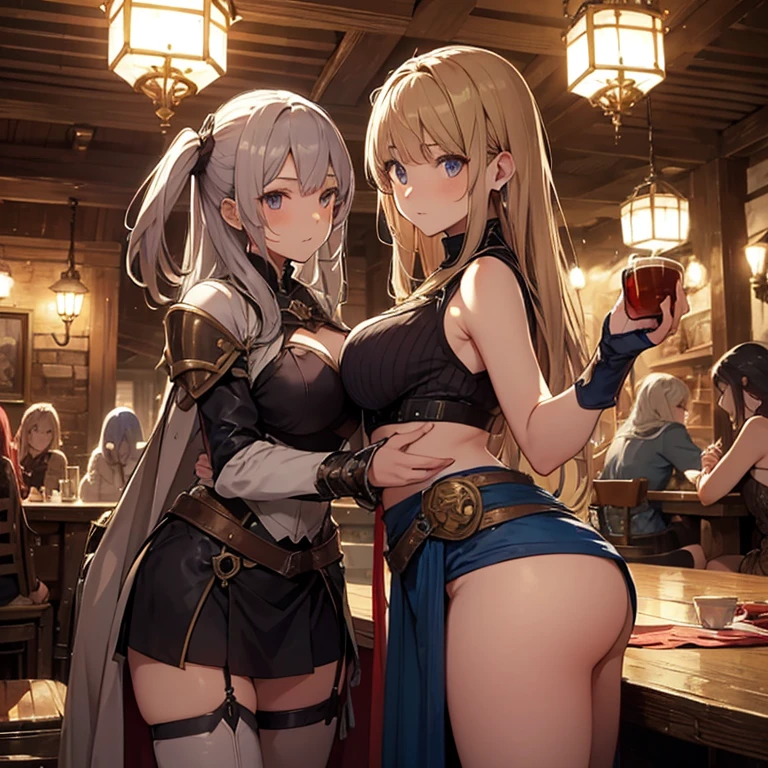 A group of female medieval fantasy adventurers, (in tavern), various hair styles, harem, night, details face, short skirt, seducing, sleeveless, armor