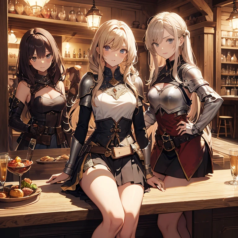 A group of female medieval fantasy adventurers, (in tavern), various hair styles, harem, night, details face, short skirt, seducing, sleeveless, armor