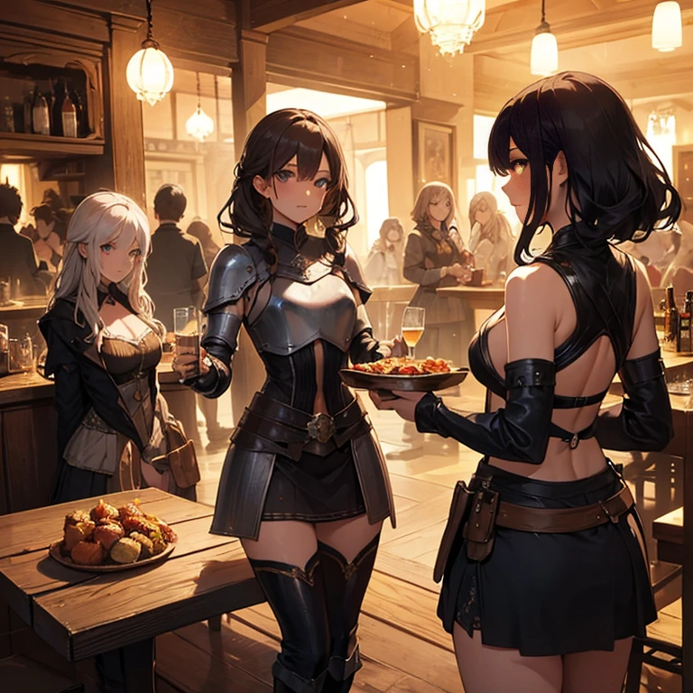 A group of female medieval fantasy adventurers, (in tavern), various hair styles, harem, night, details face, short skirt, seducing, sleeveless, armor