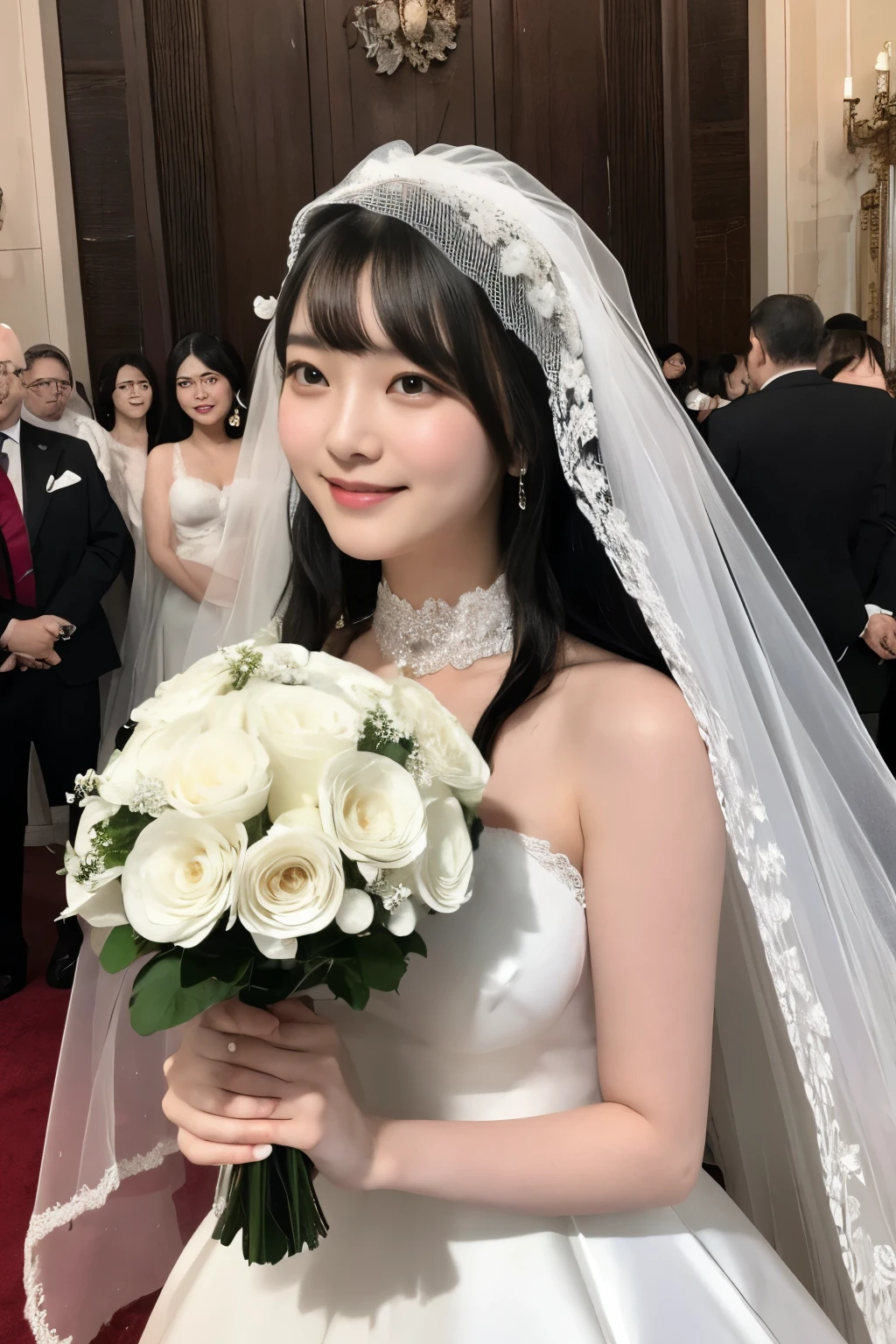 Masterpiece、highest quality、Photo realistic、Woman 1、Super detailed　Black Hair、Straight Hair、Light bangs　Wedding dress、White Veil　Cleavage　View here、Holding a bouquet　White Association