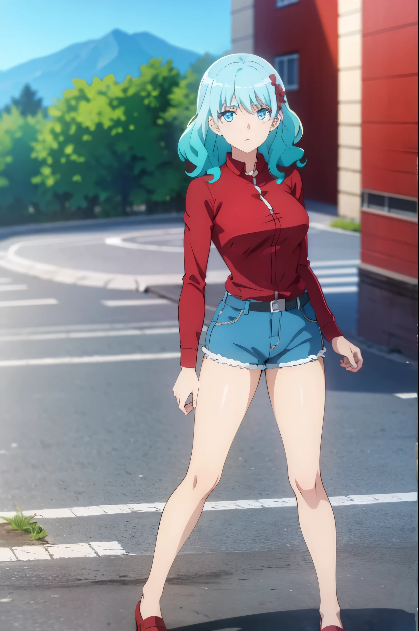 aqua hair, medium hair, blue eyes, ((((red shirt,shorts))))