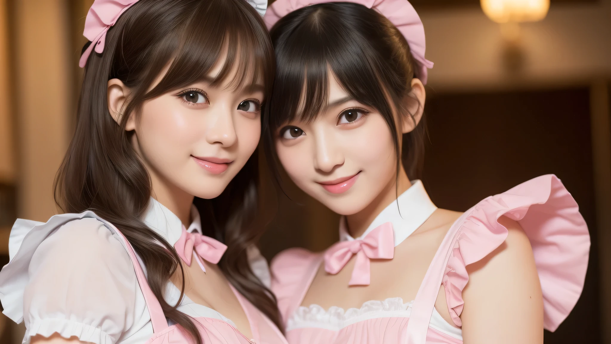 (2girl:1.3), (cute smile:1.2), (extremely detailed beautiful face), (highly detailed eyes, highly detailed face), (pink maid costume, ruffle costume:1.2), Fresh, very clean appearance, (best Quality:1.4), (hyper-realistic, hight resolution), Professional Photography, standing, maid cafe, Close up portrait of girl, staring at me, (Fine face:1.2), bob hair,