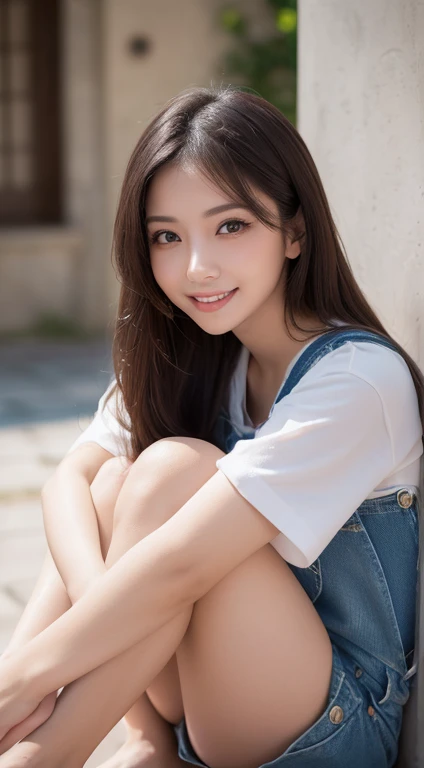 (Highest Resolution, 4K, masterpiece: 1.3), Japanese women, A photo of a woman, cute: 1.1, Beautiful Eyes,Symmetrical eyes,Big eyes, Slim figure, Realistic teeth, double eyelid, smile、(whole body:1.3), highest quality, detailed, Long Hair,、(White T-shirt)、(Light blue overalls)、(Hugging own legs,Hugging own feet:1.3)、
