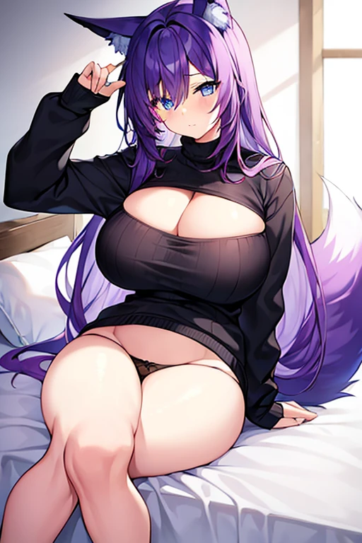 1girl, purple hair, one eye covered, hair over one eye, blue eyes, blue eye, black sweater, sweater, cleavage, large breasts, thick thighs, bed, sittting, waking up, sleepy, fox ears, fox tail