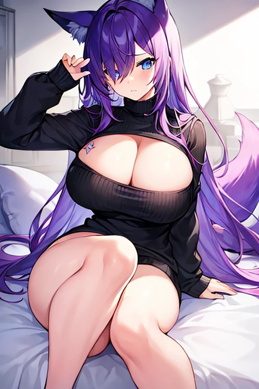 1girl, purple hair, one eye covered, hair over one eye, blue eyes, blue eye, black sweater, sweater, cleavage, large breasts, thick thighs, bed, sittting, waking up, sleepy, fox ears, fox tail