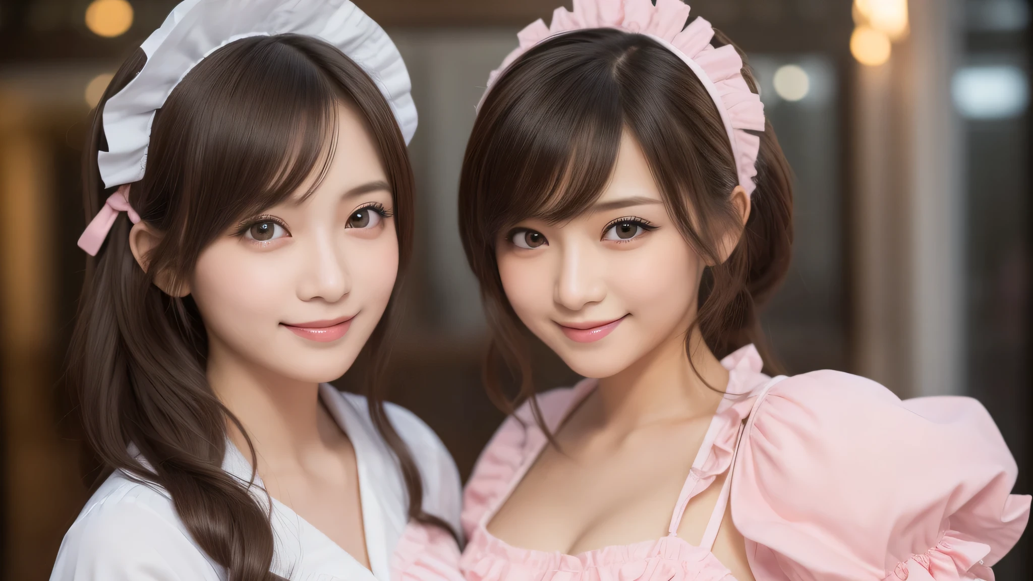 (2girl:1.3), (cute smile:1.2), (extremely detailed beautiful face), (highly detailed eyes, highly detailed face), (pink maid costume, ruffle costume:1.2), Fresh, very clean appearance, (best Quality:1.4), (hyper-realistic, hight resolution), Professional Photography, standing, maid cafe, Close up portrait of girl, staring at me, (Fine face:1.2), bob hair,
