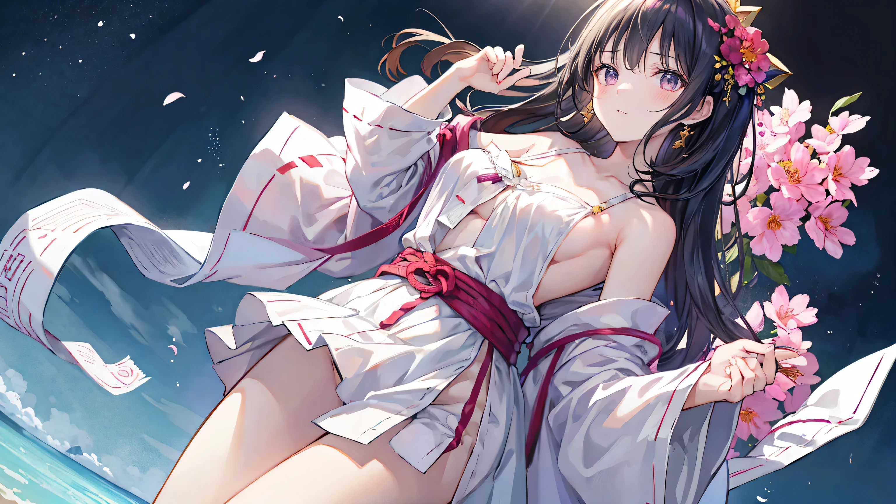 Evangelion。An illustration。girl。I'in the heat。brown hair。big breasts。~ side。pubic hair。nipple。naked。exposed。kimono。he。legs open。white skin。