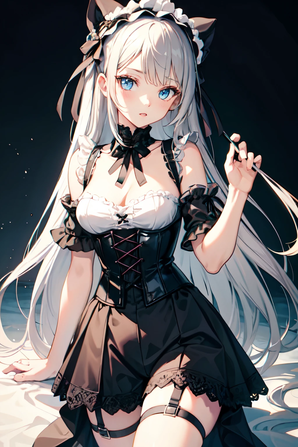 girl, Black Lace-up Sides Corset Belt High Waist Ouji ta Shorts,Black Gothic Loliuji Fashion Shirt, bright blue eyes, dark grey hair