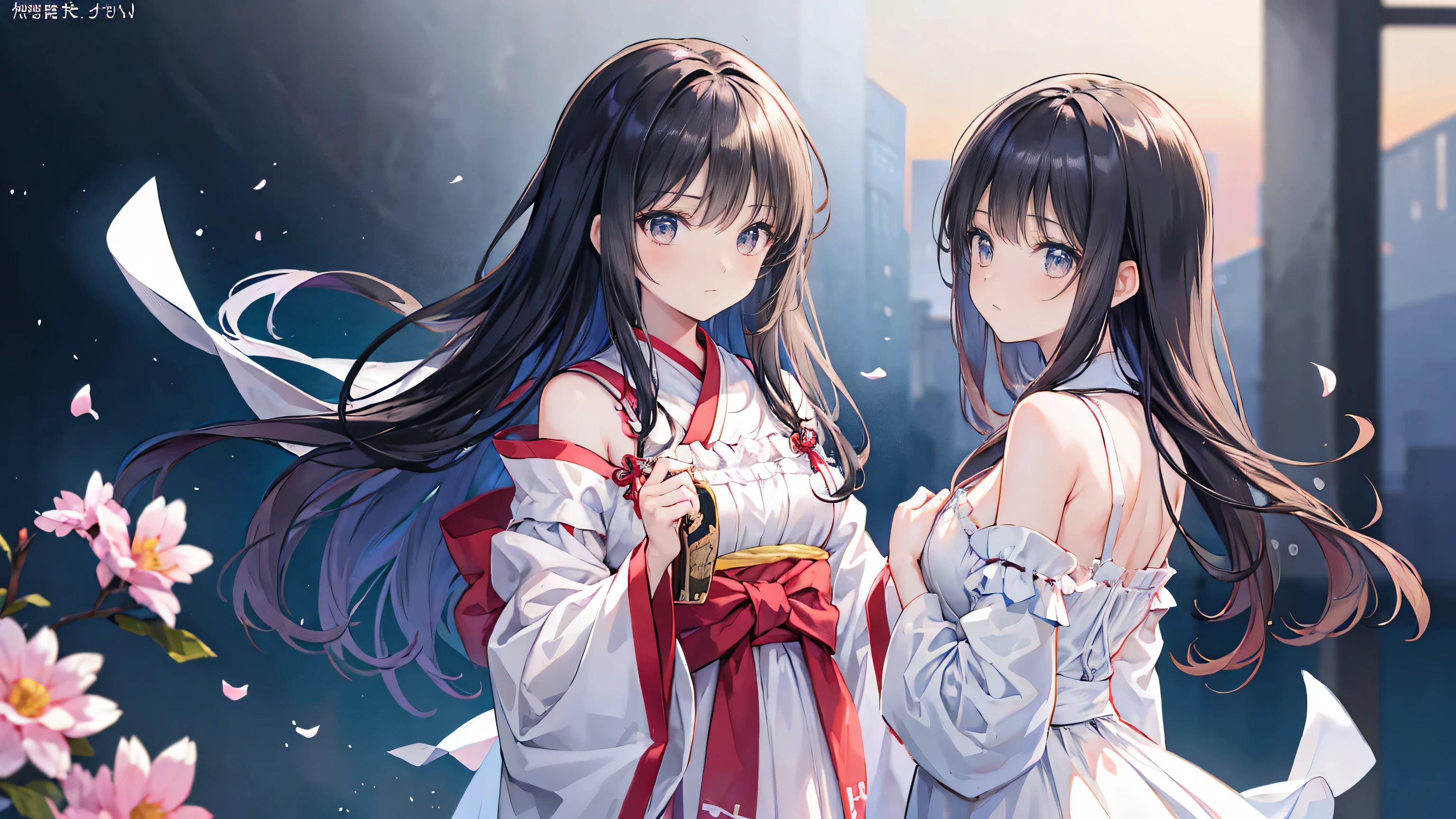 Normal of chest、masterpiece、8K wallpapers incorporating detailed CG、Two girls and two boys、14 years old、Baby Face、beautiful、Genuine、Blurred、Blurred_background、Blurred_prospect、branch、Plum offlower、depth_of_Field、flower、gem、nose、Realistic、pale black hair、alone、Shrine maiden costume、Hide your fingers、Hide your arms、Just put on a bra、whole body、Long Hair、Straight bangs、