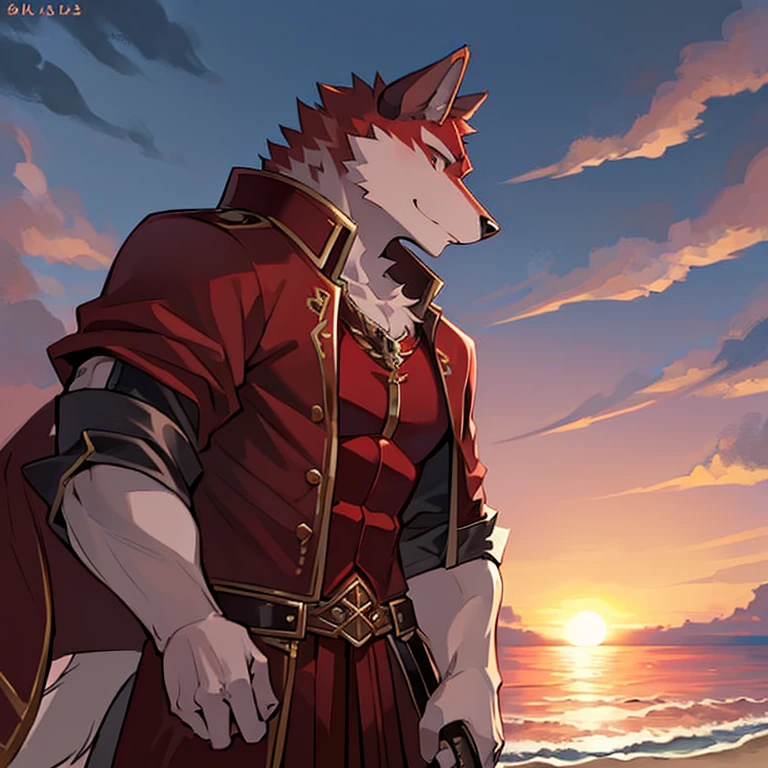 Not perfect,Muscular body,Brown fur,Body tearing, Wolf Warrior, Standing on the beach, With beautiful ocean background, For the audience, head tilted to one side, beautiful sunset sky, Wearing a red cloak,Wearing armor, Wolf furry character,Holding a one-handed sword,Soft eyes,23 years old