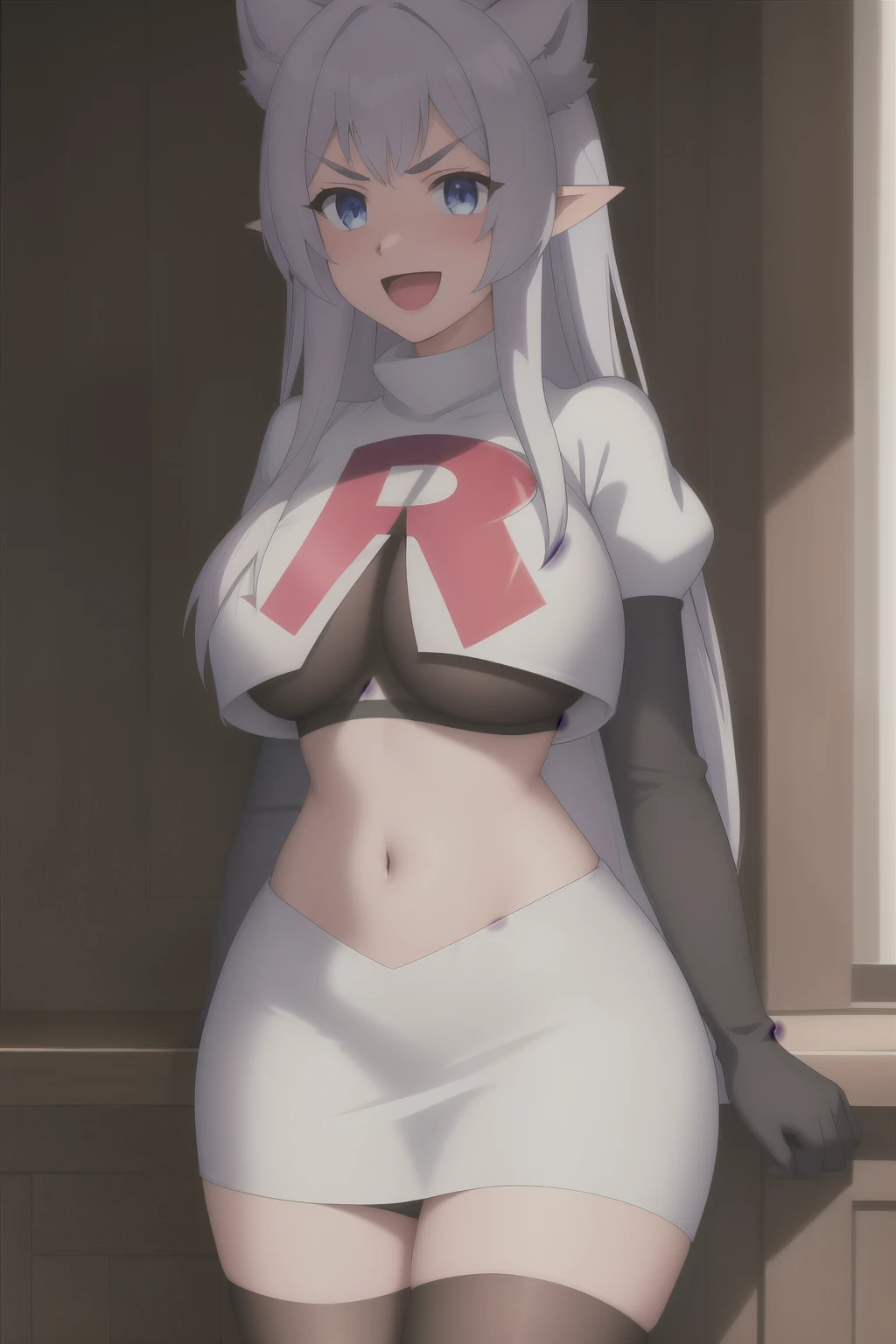 sysdeep_fenrys, 1girl, solo, long_hair, breasts, blush, bangs, blue_eyes, large_breasts, white_hair, :d, sidelocks, choker, pointy_ears, v-shaped_eyebrows, anime_coloring, team rocket,team rocket uniform,white skirt,red letter R,crop top,black thigh-highs,black elbow gloves