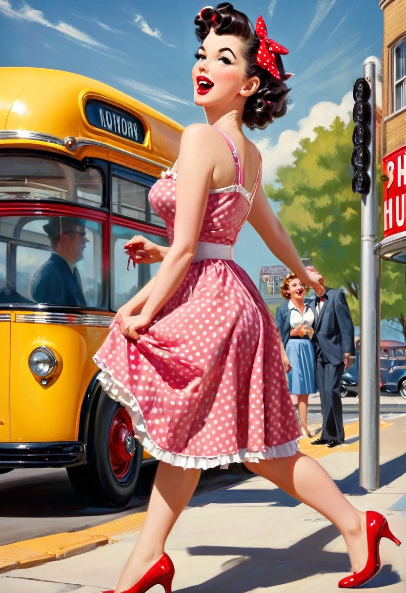 !
Title of the Image: "1950s Pin-Up at the Bus Stop"

Description of the Image:
Transport yourself to a retro bus stop scene from the 1950s, where a glamorous pin-up girl finds herself in a playful predicament. The image captures a moment where the pin-up girl, adorned in a chic polka-dot dress, stockings with suspenders (straps), and high heels, is standing at the bus stop.
A sudden gust of wind sweeps through, causing the girl's petticoat to billow up dramatically. The wind reveals a glimpse of her lacy ruffled panties and garter straps attached to her stockings. With a mix of surprise and amusement, the pin-up girl desperately tries to hold down her petticoat, showcasing a playful struggle against the mischievous wind., Retro Fashion style

The vintage bus stop features classic signage and benches, adding to the nostalgic setting. In the background, old-fashioned buses and pedestrians in retro attire contribute to the lively ambiance of the era. The image exudes a whimsical and flirtatious mood, capturing the essence of 1950s pin-up charm. The playful interaction between the pin-up girl and the wind adds a sense of light-hearted fun and nostalgia. This scene invites viewers to appreciate the timeless allure and cheeky elegance of vintage pin-up aesthetics., in the art style of gil elvgren
