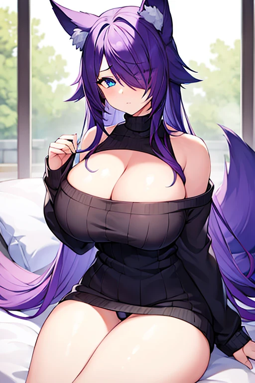 1girl, purple hair, one eye covered, hair over one eye, blue eyes, blue eye, black sweater, sweater, cleavage, large breasts, thick thighs, bed, sittting, waking up, sleepy, fox ears, fox tail, fur trim, panties