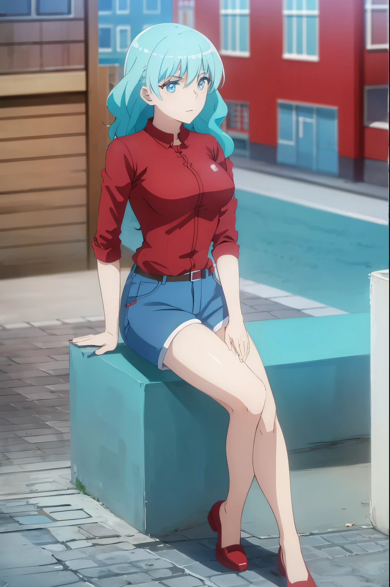 aqua hair, medium hair, blue eyes, ((((red shirt,shorts))))
