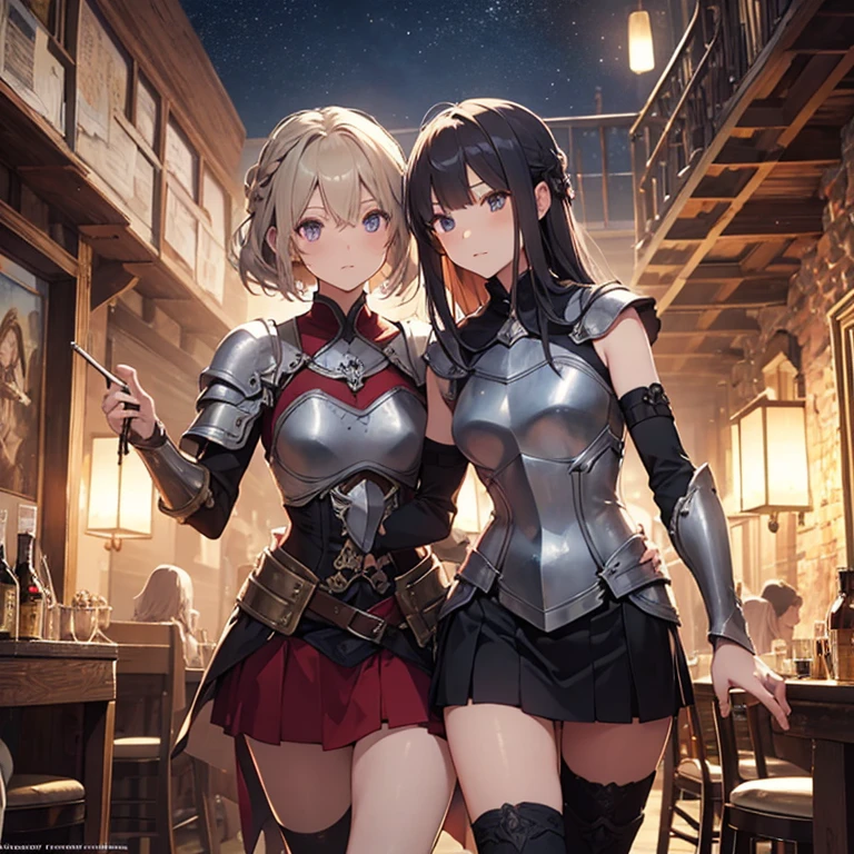 A group of female medieval fantasy adventurers, (in tavern), various hair styles, harem, night, details face, short skirt, seducing, sleeveless, armor