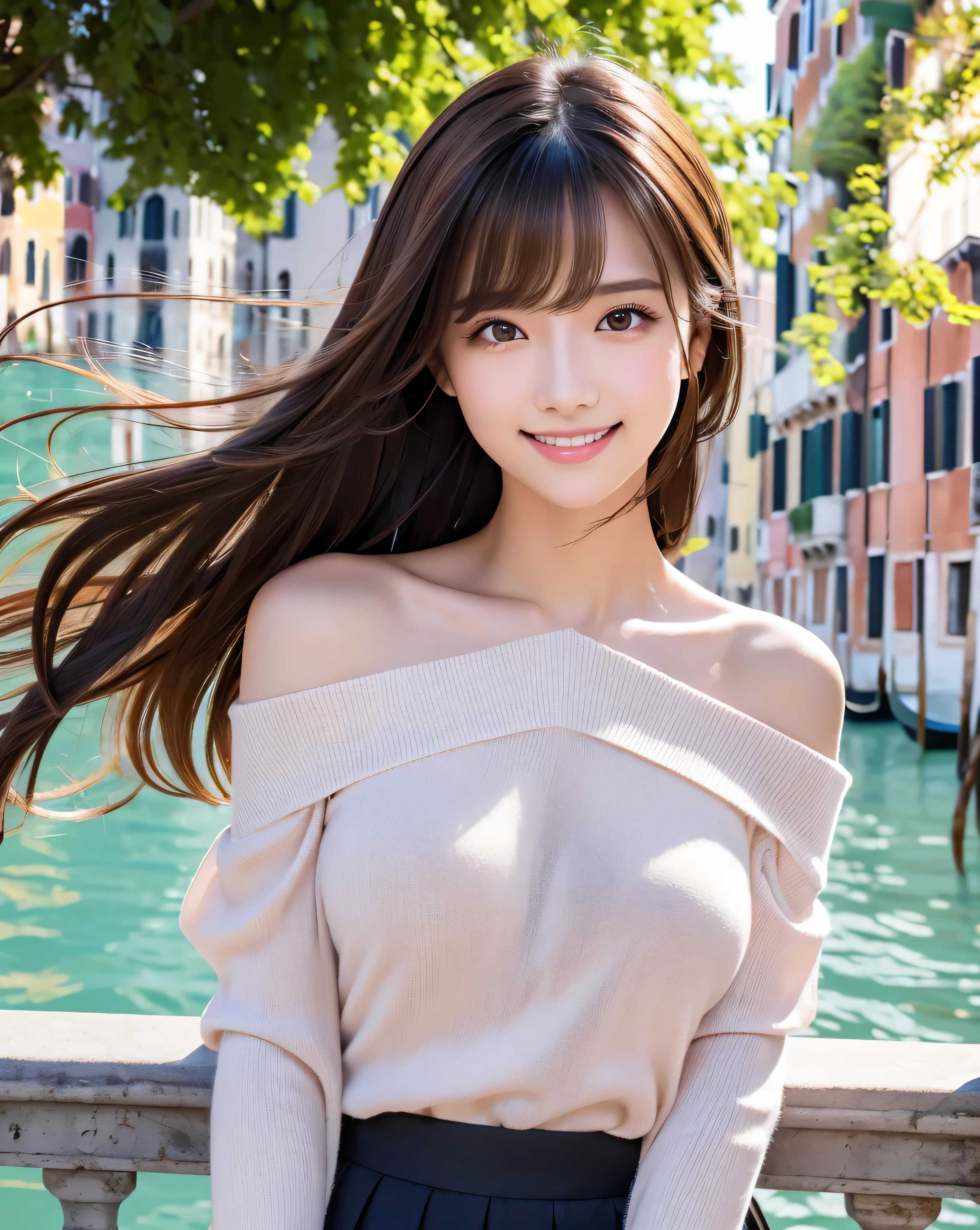 (highest quality, 32k, High resolution:1.5, Masterpiece:1.5, ), marimo_jet, Transparent air, An award-winning masterpiece with incredible detail, Beautiful Japanese Girls, An exceptionally beautiful face, Shiny brown hair, ((Beautifully groomed super long silk hair)), Asymmetrical bangs, Hair between the eyes, Beautifully trimmed, thin eyebrows, Magical big eyes, Beautiful double eyelids, Smooth and clear white skin, Pale pink detailed lips, Natural Makeup, Rich expression of emotions, Motherhood and generosity, Overflowing affection, (A gentle smiling face:1.3), Brown off-the-shoulder knit sweater, Black pleated skirt, sit, Absolute area, Slim figure with ample breasts, High resolutionの美しい太もも,  ((Streets of Venice)), standing on a bridge, ((Illuminated by the gentle sunlight)), detailed blue sky, Professional Lighting, Professional Photographer, Professional models, mysterious