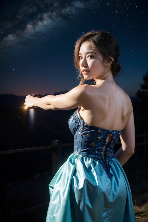 ((masterpiece, highest quality, Best image quality, High resolution, Realistic, RAW Photos, 8k)), ((Highly detailed CG synthesis 8k wallpaper)), Dancing in the starry sky, View from behind, (blue glowing), Shining blue in the dark night, Fluttering summer dress,fat、Big body