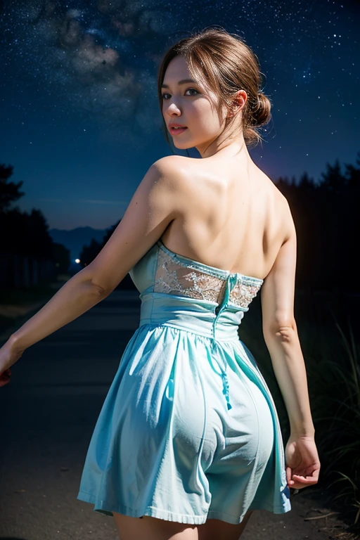 ((masterpiece, highest quality, Best image quality, High resolution, Realistic, RAW Photos, 8k)), ((Highly detailed CG synthesis 8k wallpaper)), Dancing in the starry sky, View from behind, (blue glowing), Shining blue in the dark night, Fluttering summer dress,fat、Big body