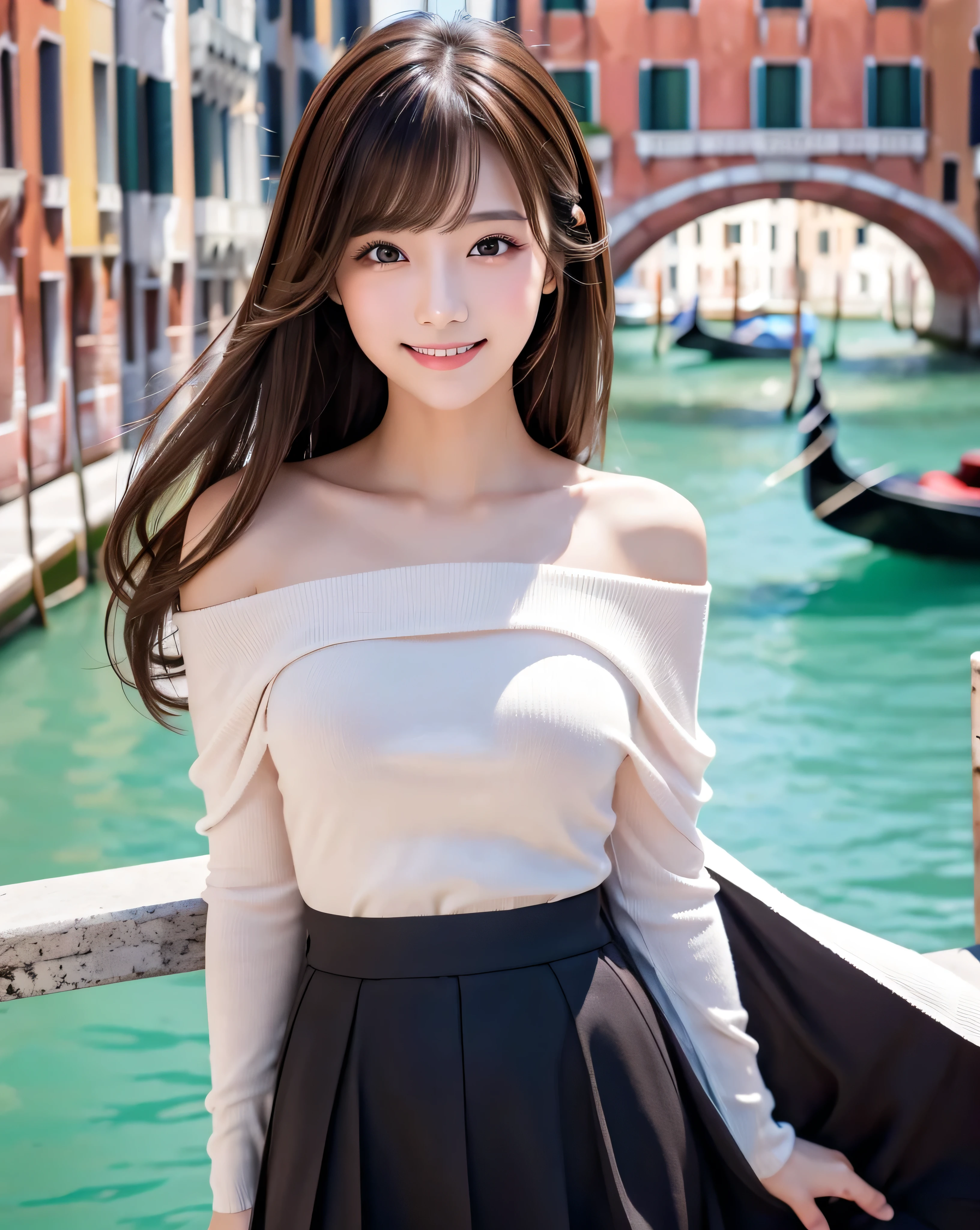 (highest quality, 32k, High resolution:1.5, Masterpiece:1.5, ), marimo_jet, Transparent air, An award-winning masterpiece with incredible detail, Beautiful Japanese Girls, An exceptionally beautiful face, Shiny brown hair, ((Beautifully groomed super long silk hair)), Asymmetrical bangs, Hair between the eyes, Beautifully trimmed, thin eyebrows, Magical big eyes, Beautiful double eyelids, Smooth and clear white skin, Pale pink detailed lips, Natural Makeup, Rich expression of emotions, Motherhood and generosity, Overflowing affection, (A gentle smiling face:1.3), Brown off-the-shoulder knit sweater, Black pleated skirt, sit, Absolute area, Slim figure with ample breasts, High resolutionの美しい太もも,  ((Streets of Venice)), standing on a bridge, ((Illuminated by the gentle sunlight)), detailed blue sky, Professional Lighting, Professional Photographer, Professional models, mysterious