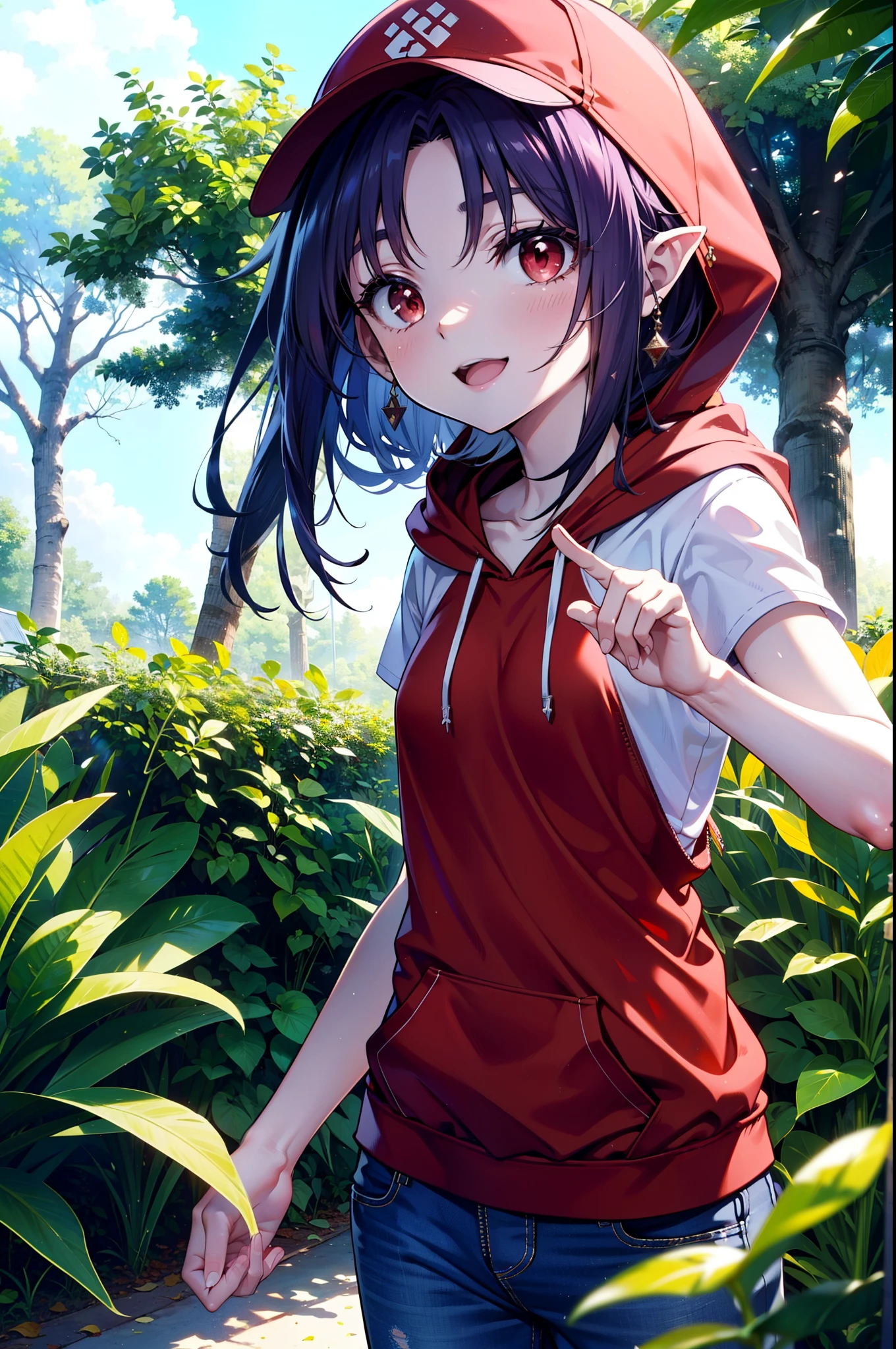 yuukikonno, Konno Yuuki, Long Hair, Pointed Ears, Purple Hair, (Red eyes:1.5), (Small breasts:1.2),smile, Open your mouth,Purple hoodie,Short sleeve,Baseball hats,Hoodie hood up,Red tank top shirt,Short denim,Red knee-high socks,High-top sneakers,Daytime,Clear skies,True Summer,barbecue,tent,
break looking at viewer, Upper Body, whole body,(Cowboy Shot:1. 5),
break outdoors, forest, nature,camp site,
break (masterpiece:1.2), highest quality, High resolution, unity 8k wallpaper, (figure:0.8), (Beautiful fine details:1.6), Highly detailed face, Perfect lighting, Highly detailed CG, (Perfect hands, Perfect Anatomy),