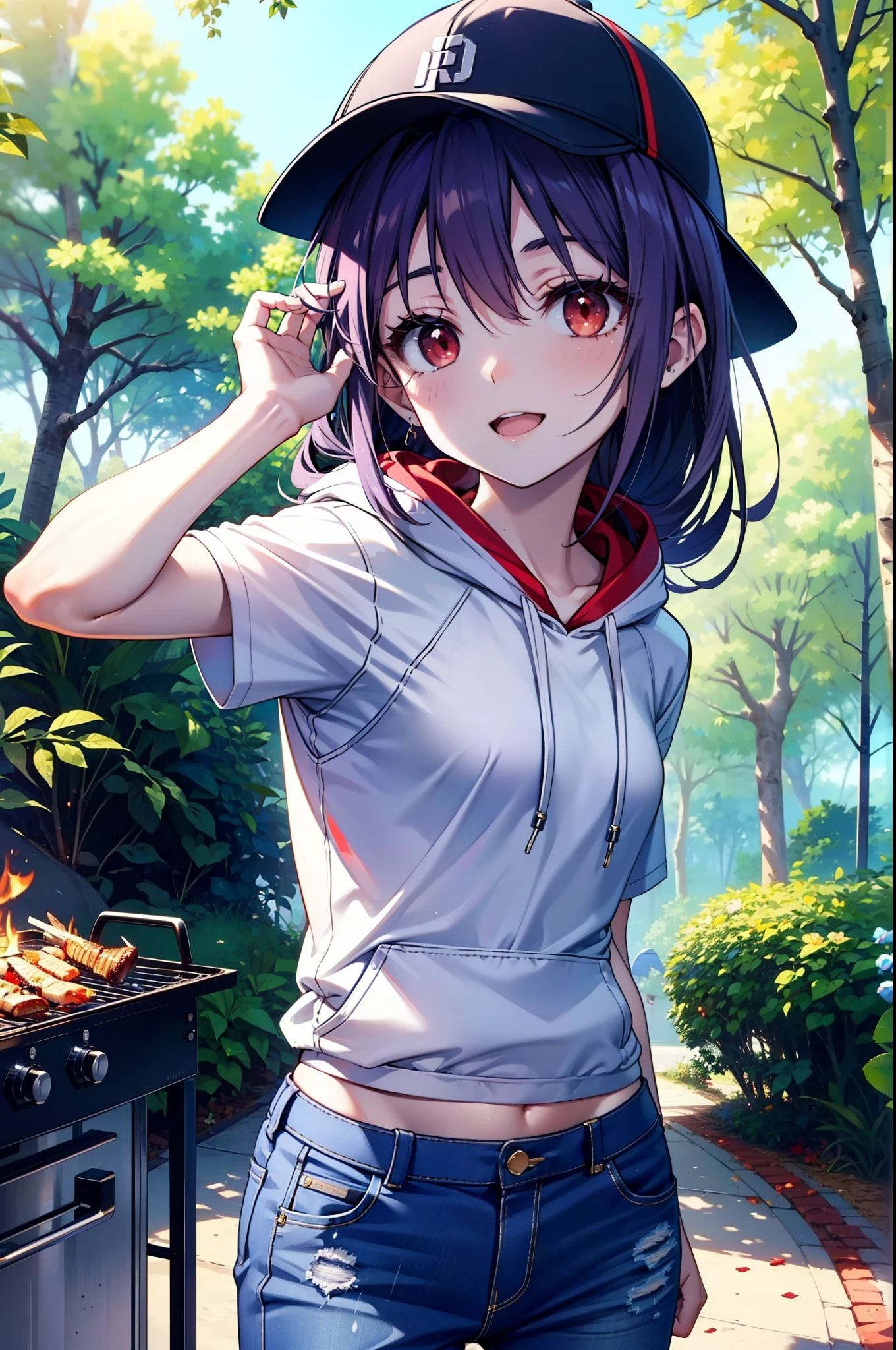 yuukikonno, Konno Yuuki, Long Hair, Pointed Ears, Purple Hair, (Red eyes:1.5), (Small breasts:1.2),smile, Open your mouth,Purple hoodie,Short sleeve,Baseball hats,Hoodie hood up,Red tank top shirt,Short denim,Red knee-high socks,High-top sneakers,Daytime,Clear skies,True Summer,barbecue,tent,
break looking at viewer, Upper Body, whole body,(Cowboy Shot:1. 5),
break outdoors, forest, nature,camp site,
break (masterpiece:1.2), highest quality, High resolution, unity 8k wallpaper, (figure:0.8), (Beautiful fine details:1.6), Highly detailed face, Perfect lighting, Highly detailed CG, (Perfect hands, Perfect Anatomy),