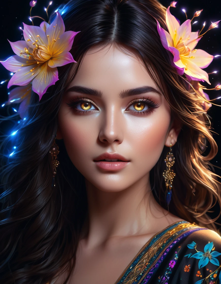 stunningly beautiful girl in the dark, glowing eyes, dark hair, skin glowing,
glowing flowers around the face, something mystical and majestic, magic, sparks from the skin and around, very dark, only light neon light, stunning, charming, masterpiece, high quality, intricate details, high detail , lots of detail, dynamic, intricate details, bohemian, aesthetic, contour, close-up, high quality, work of art, hyper-detailed, professional, filigree, super-detailed, hyperrealism, close-up, isometric, digital art