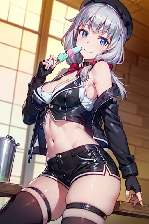 (from below:1.2),(from side:0.9), ((cute Face)), (Close-Up:0.6), ((looking at viewer, holding a icecream)),(Italian sweets cover:1.4), highest quality、(real、photorealistic:1.5),(ultra high resolution,dark silver hair,long hair,side ponytail,hair between eyes,bangs, (beret, black jacket, open clothes, cleavage, midriff, black shorts, black thighhighs, thigh strap, fingerless gloves, single glove:1.2), (double breasted,under bust:1.2), sitting at a table, cute, anime visual of a cute girl, cute anime girl, eating cakes, young anime girl, guweiz, high quality anime artstyle, anime girl, artwork in the style of guweiz, beautiful anime girl, pretty anime girl, (anime girl), official artwork,(with sparkling eyes and a contagious smile),her thin pubic hair, looking at viewer, pose muy sexy"