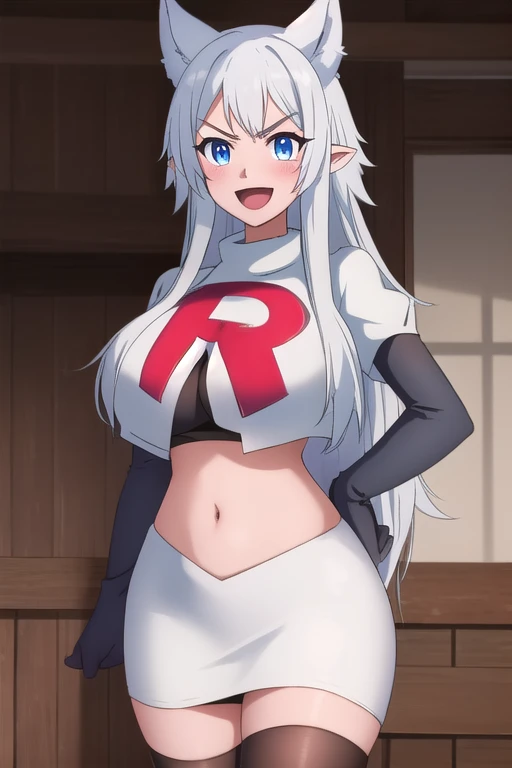 sysdeep_fenrys, 1girl, solo, long_hair, breasts, blush, bangs, blue_eyes, large_breasts, white_hair, :d, sidelocks, choker, pointy_ears, v-shaped_eyebrows, anime_coloring, team rocket,team rocket uniform,white skirt,red letter R,crop top,black thigh-highs,black elbow gloves