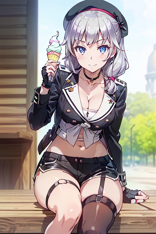 1 girl, small nose, very beautiful detailed face and eyes, bright colors, cute face, delicate beautiful face, Bright magenta eyes, cute eyes, sparkling eyes, Big eyes, (small breasts:1.3), (perky chest:1.1), (pointed chest:1.0), (icecream magazine cover:1.3),highest quality, WorKs of masters, High resolution,BlacK color hair,shiny hair, side ponytail,hair between eyes,bangs, (black jacket, real clothes, cleavage, black skirts, black thighhighs, thigh strap, fingerless gloves, single glove:1.2) , spread legs, panties shot, medium hips, glamorous body, white skin, smile, thin pubric hair, super beautiful face, Super beautiful eyes, Super beautiful hair,trendy outfit,sexy and attractive,full body esbian, Real World, Natural light,perfect Natural light,(with sparkling eyes and a contagious smile), This masterpiece is not only visually stunning but also tells, make of cake cooking , in the kitchen, open mouth, looking at viewer,