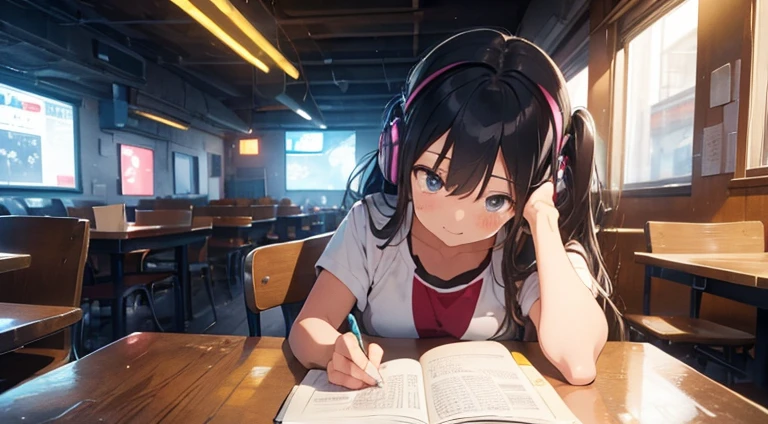 (praise), Girl studying at the table, Reading a book, Put on your headphones, , Night Light, Neon scenery on a rainy day,Analog Color Theme, Lo-fi hip hop , review, flat, 2.5D ,Line art, Ink drawing, Large slope, Watercolor, Gouache color, Studio Ghibli style, , Synthwave, praise art,90s Style,Old Texture, amplitude,90s vibe, Tabletop, Great skills