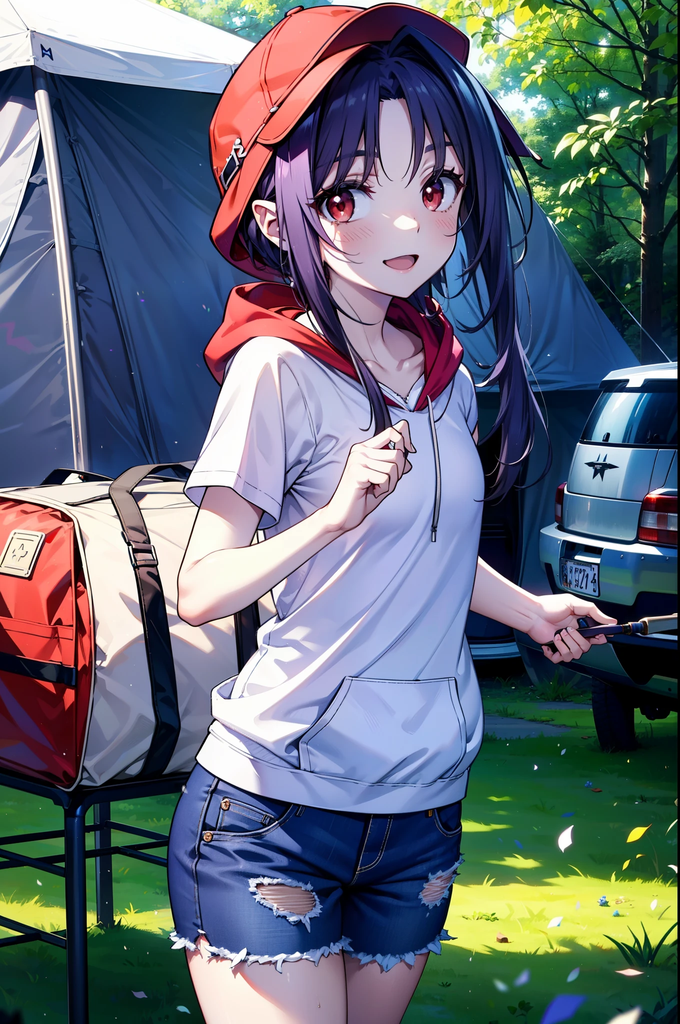 yuukikonno, Konno Yuuki, Long Hair, Pointed Ears, Purple Hair, (Red eyes:1.5), (Small breasts:1.2),smile, Open your mouth,Purple hoodie,Short sleeve,Baseball hats,Hoodie hood up,Red tank top shirt,Short denim,Red knee-high socks,High-top sneakers,Daytime,Clear skies,True Summer,barbecue,tent,
break looking at viewer, Upper Body, whole body,(Cowboy Shot:1. 5),
break outdoors, forest, nature,camp site,
break (masterpiece:1.2), highest quality, High resolution, unity 8k wallpaper, (figure:0.8), (Beautiful fine details:1.6), Highly detailed face, Perfect lighting, Highly detailed CG, (Perfect hands, Perfect Anatomy),