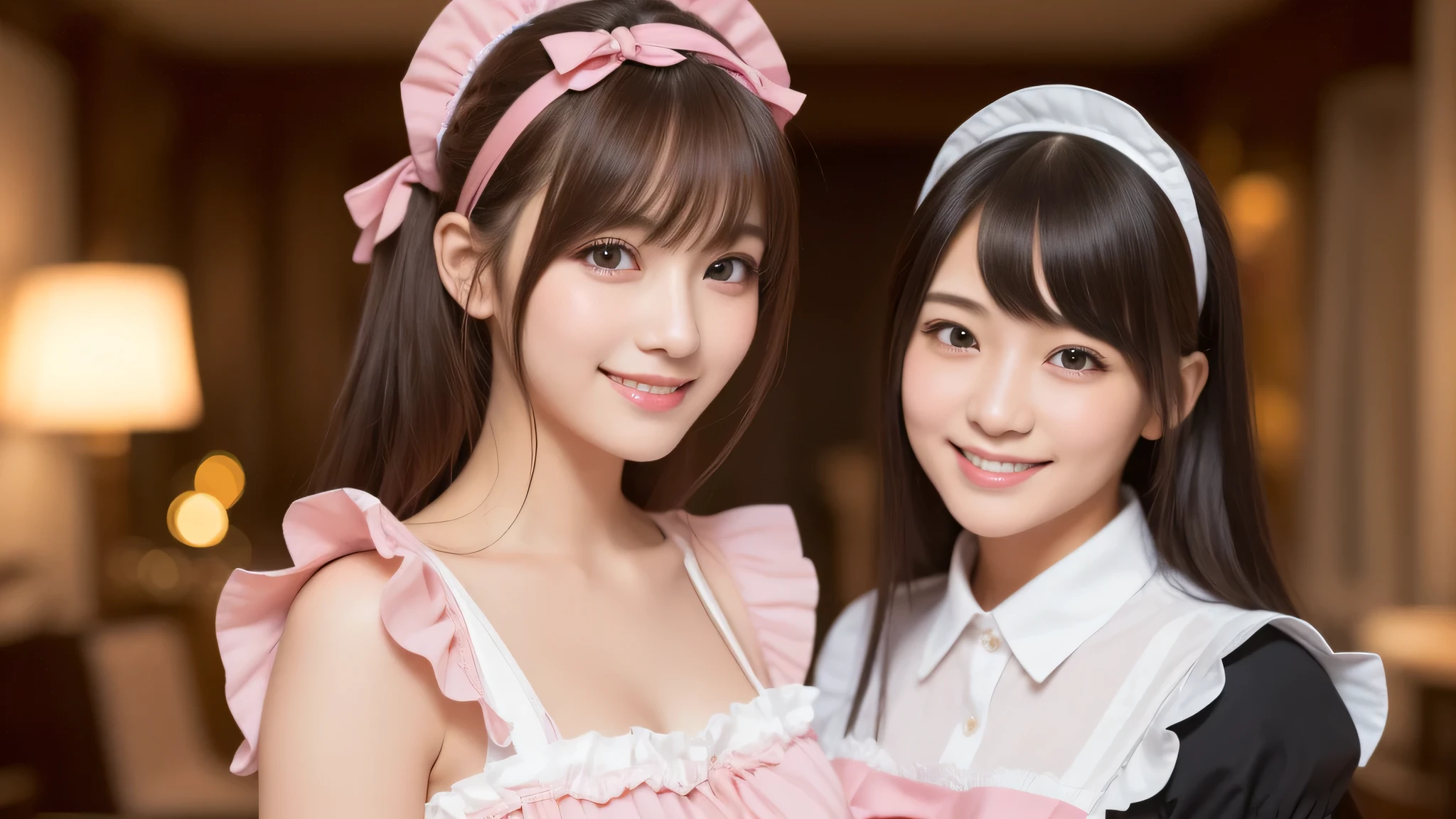 (2girl:1.3), (cute smile:1.2), (extremely detailed beautiful face), (highly detailed eyes, highly detailed face), (pink maid costume, ruffle costume:1.2), Fresh, very clean appearance, (best Quality:1.4), (hyper-realistic, hight resolution), Professional Photography, standing, maid cafe, Close up portrait of girl, staring at me, (Fine face:1.2),