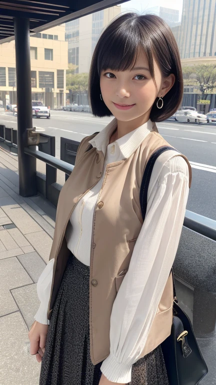 (masterpiece, highest quality, RAW Photos, Surrealism, 8k, Very detailed, so beautiful), 
(Anatomically correct, The perfect human body, Silky skin, Realistic Skin, country, 17 years old, Japanese Girls, Bored face, Narrow waist, Thin legs, Large Breasts, Baby Face, Beautiful and cute face), 
(Round face, Black Hair, Watery eyes, Shining Eyes, Short Bob Cut, bangs, Lowered eyebrows, Small earrings, Lightly reddish), 
(Turn your body forward), (View your viewers), 
(Smile of the Goddess), 
(Flared long skirt, Jacket, Long vest, Luxury Business Bags)
(Morning work time, City Sidewalk, Tokyo, Luxury Buildings, Most pedestrians), 
Natural light, full length, whole body, Angle from below