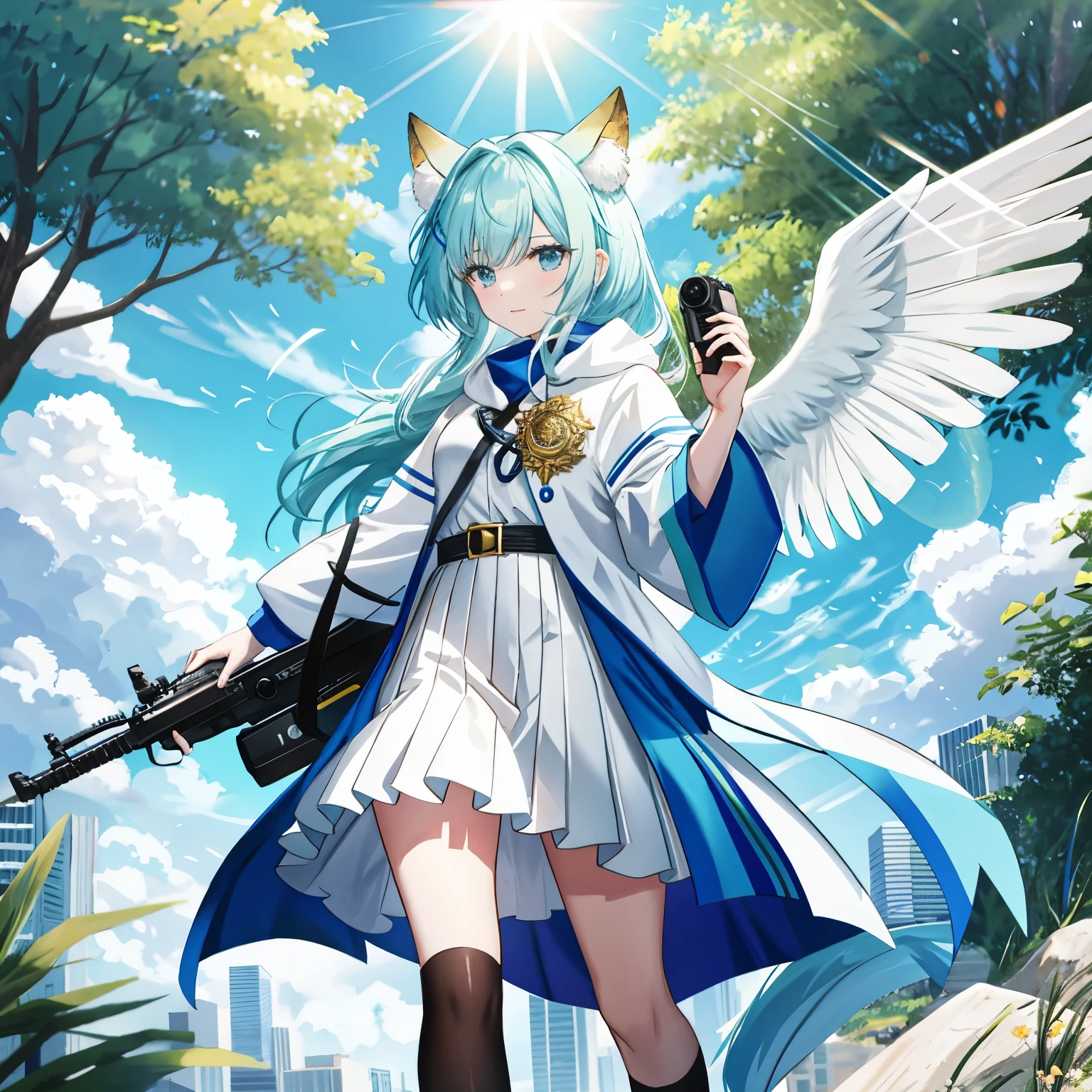 1. **Theme**: A scene where a single female character, who is brave and outgoing, is taking photos with a camera in a bright and calm atmosphere. BRAKE
2. **Number of Characters**: 1 BRAKE
3. **Worldview**: A world that blends anime and manga. The setting is outdoors, illuminated by natural light, with trees and a bright sky in the background. The environment is a bustling neon city with a vibrant atmosphere. BRAKE
4. **Body Type and Skin Color**: The character has a slender body type. The skin color is a natural hue. BRAKE
5. **Animal Ears and Tail (Horns and Tail)**: The character does not have animal ears or a tail. BRAKE
6. **Costume and Costume Color**: The character is wearing a , which is composed of white and blue. BRAKE
7. **Hairstyle and Hair Color**: The character has long hair, with the hair color mainly gold, and a little bit of blue and green added as a gradient. BRAKE
8. **Presence and Details of Wings**: The character does not have wings. BRAKE
9. **Presence and Details of Cigarette**: The character does not have a cigarette. BRAKE
10. **Props** (From weapons to everyday items): The character is holding a camera. BRAKE
11. **Emotions and Movements**: The character is joyfully operating the camera. She is in a dynamic pose, capturing the moment with her camera. BRAKE
12. **Supplement (Others)**: The character has a long black hair tied with a ribbon. BRAKE
13. **Perspective**: The character is placed in the foreground, and the background is drawn far away. BRAKE
14. **Composition**: The character is placed in the center of the image, and the camera is held in her hand. BRAKE
15. **Background and Details of Background Color**: The background is an outdoor scene with a natural green color and trees, giving off a bright atmosphere. BRAKE
16. **Lighting**: Natural light illuminates the character and casts shadows on the trees. BRAKE
17. **Must-Include Colors**: Use gold, blue, and green as the main colors, and light blue, yellow, silver, and