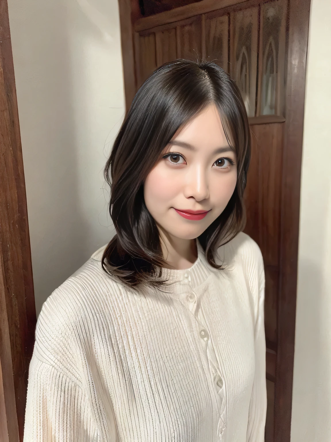 Japanesee mature, (alone), 40 years old, (Wrinkles around the eyes:1.2)、Autumn Clothes、((I don't look at the camera))、((Woman looking to the side))、(highest quality,masterpiece:1.3,超A high resolution,),(Ultra-detailed,Caustics),(Photorealistic:1.4,RAW shooting,)Ultra-Realistic Capture,Very detailed,High resolution 16K for human skin、 The skin texture is natural、The skin looks healthy、The color is also uniform.、 Use natural light and color,One Woman,Japanese、Black-haired,Middle Hair,(Depth of written boundary、chromatic aberration、、Wide range of lighting、Natural Shading、)、(Photographed in front of a wooden door and a white wall)、Random Pause、Other shotidium hairs