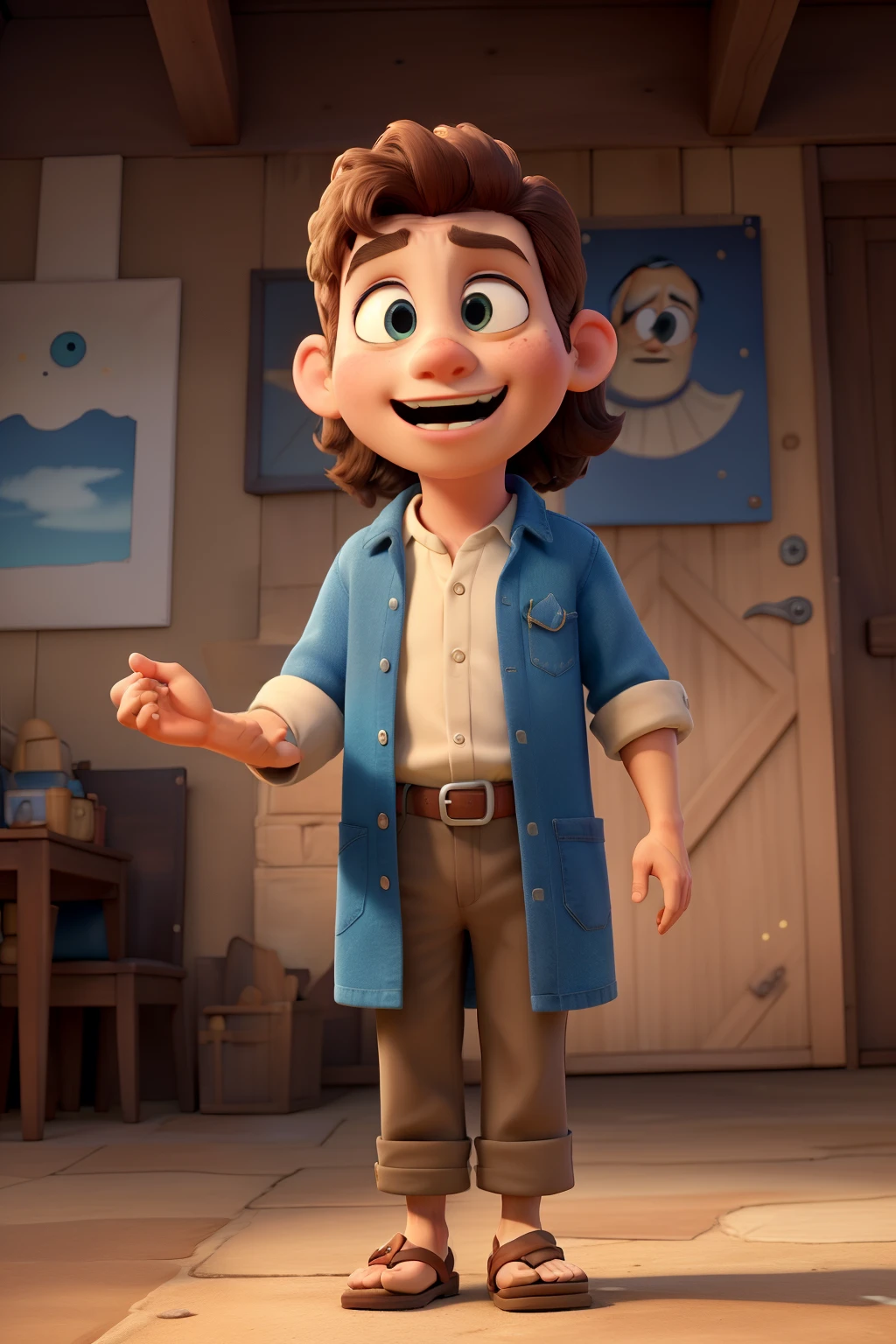 ((best quality)), ((masterpiece)), (detailed), perfect face, Illustrate a captivating (side) image of Jesus Christ, inspired by Disney Pixar, presented with gentle warmth as he preaches his word with kindness in a place filled with people, with vivid emotions. Everyone is dressed in clothing from Jesus' biblical period, such as tunics and sandals.