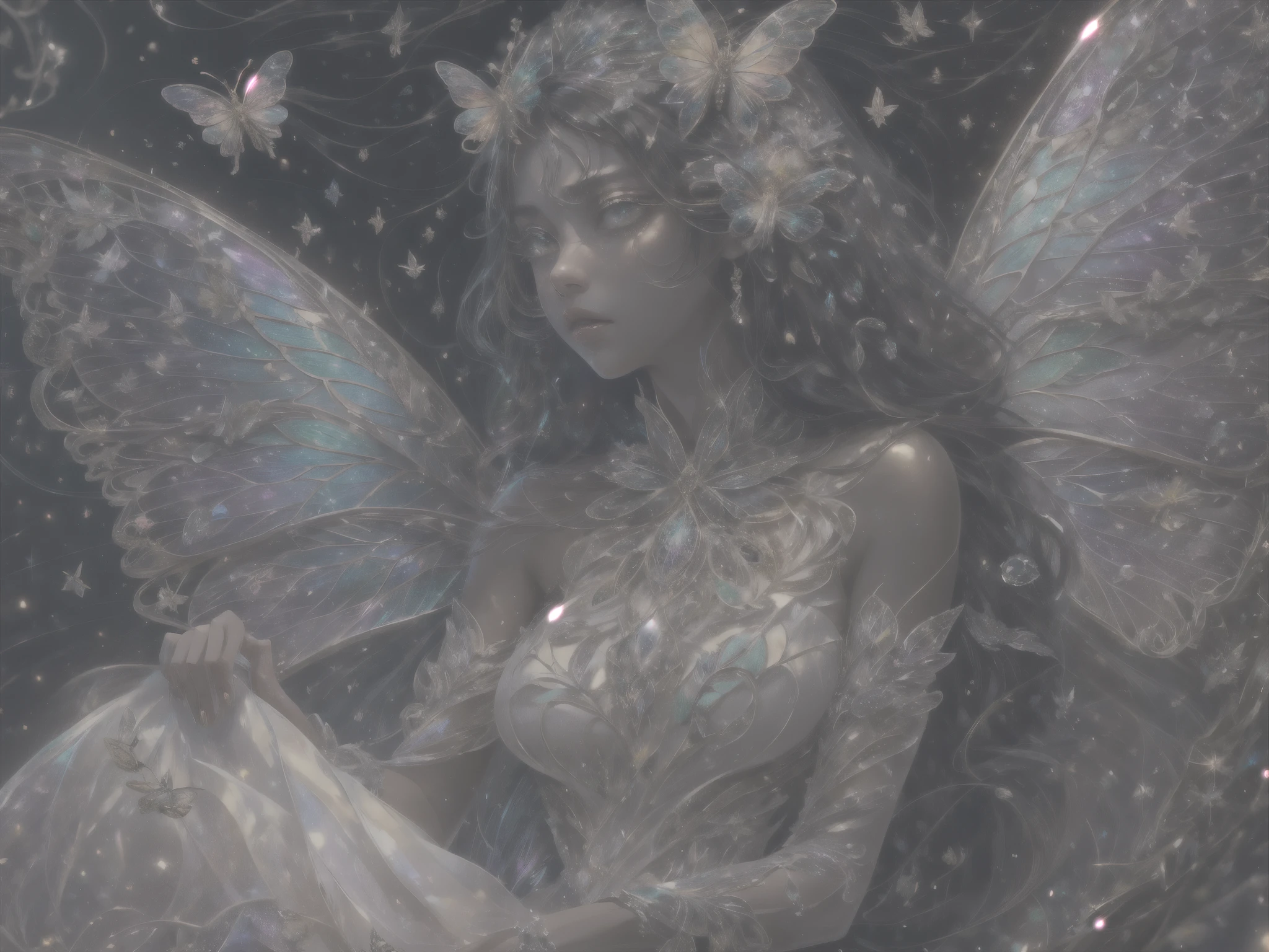 This is a realistic fantasy masterpiece with lots of shimmer, glitter, and intricate ornate detail. Generate one  woman with a beautiful and delicate crown sitting on a garden swing at night. She is a beautiful and seductive butterfly queen with stunning curly black hair, (((incredibly realistic and detailed dynamic eyes in bright colors with realistic shading))).  Her skin is translucent white, her eyes sparkle, and her dress is elegant. Her dress is spun of the finest gossamer silk with delicate, intricate, and subtle floral detailing and gold silk butterfly sleeves. Her face is lovely and . Include glow-in-the-dark flowers, lots of particles, highly realistic fantasy butteflies with translucent jewel-toned wings and fine detailing, and glow. The artwork is done in the style of Guviz and brings to mind masters in the genre such as trending fantasy works on Artstation and Midjourney. Camera: Utilize dynamic composition techniques to emphasize etherealness and delicate detail.