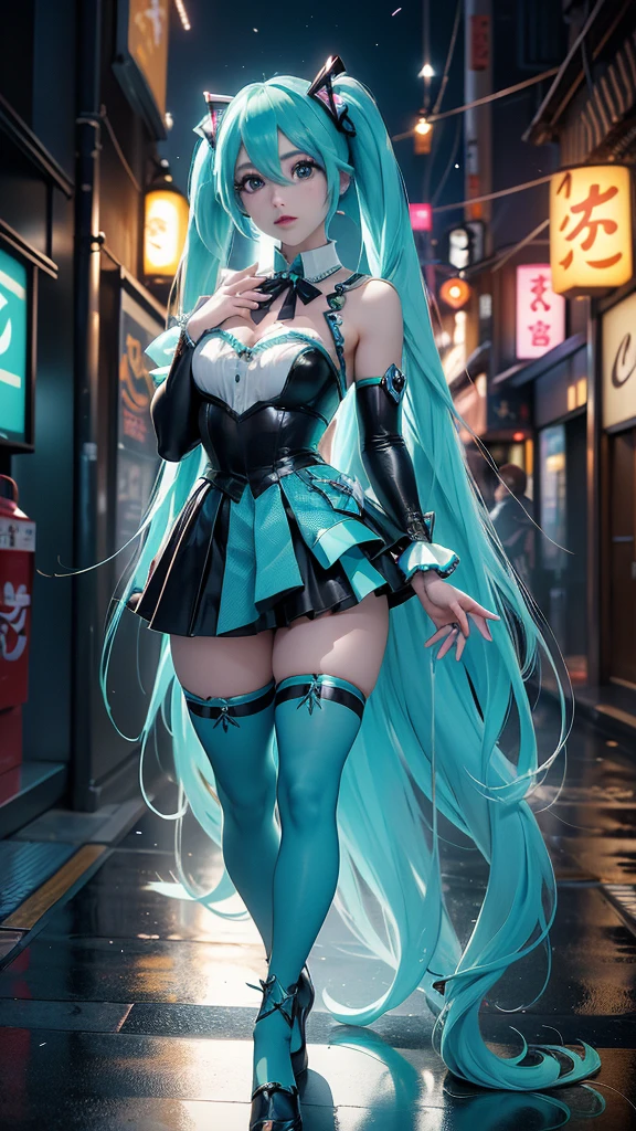 (La mejor calidad,A high resolution,Ultra - detallado,actual),Ariana Grande, chica anime Cosplay, anime Cosplay, (Hatsune MikuCosplay:1.4) , foto de Cosplay, dos colas blancas_guantes, Cosplay, lindo anime waifu con un bonito vestido, chica anime con pelo largo, Diosa del anime, Cosplay elegante y glamoroso, chica anime disfrazada de sirvienta, More detailed 8K.motor irreal:1.4,High Definition,La mejor calidad:1.4, fotorrealista:1.4, textura de la piel:1.4, obra maestra:1.8,obra maestra, mejor calidad,objeto Objeto], (rasgos faciales detallados:1.3),(Las proporciones correctas)(Detalles de la cara: 1.5, ojos azules brillantes, hermoso rostro, ojos bonitos, Contorno del iris, labios delgados: 1.5, Thin, sharp pale eyebrows, Long, dark eyelashes, double tabs),,  (pose vaquero), ,( ciberpunk 2.1), (vestuario kawaii :1.4), manos perfectas: 1.5, (perfect anatomy), (tokyo night alley background:1.4) 