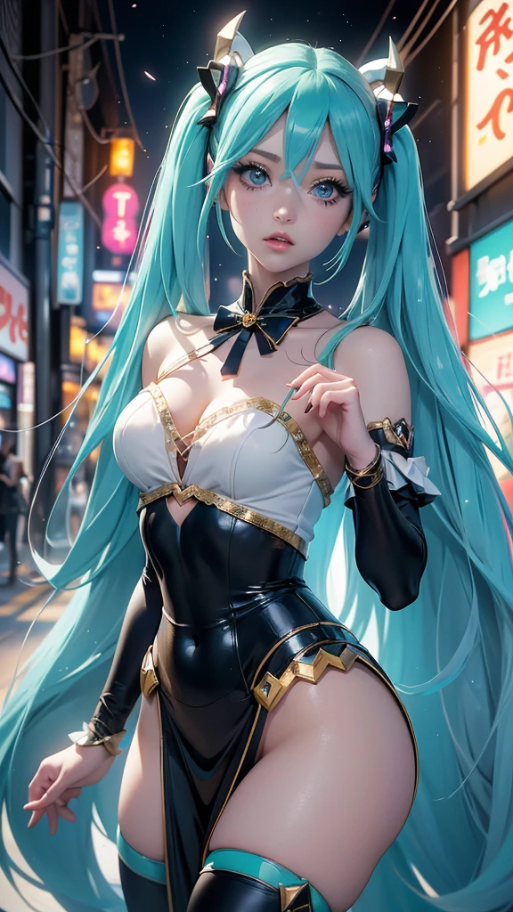 (La mejor calidad,A high resolution,Ultra - detallado,actual),Ariana Grande, chica anime Cosplay, anime Cosplay, (Hatsune MikuCosplay:1.4) , foto de Cosplay, dos colas blancas_guantes, Cosplay, lindo anime waifu con un bonito vestido, chica anime con pelo largo, Diosa del anime, Cosplay elegante y glamoroso, chica anime disfrazada de sirvienta, More detailed 8K.motor irreal:1.4,High Definition,La mejor calidad:1.4, fotorrealista:1.4, textura de la piel:1.4, obra maestra:1.8,obra maestra, mejor calidad,objeto Objeto], (rasgos faciales detallados:1.3),(Las proporciones correctas)(Detalles de la cara: 1.5, ojos azules brillantes, hermoso rostro, ojos bonitos, Contorno del iris, labios delgados: 1.5, Thin, sharp pale eyebrows, Long, dark eyelashes, double tabs),,  (pose vaquero), ,( ciberpunk 2.1), (vestuario kawaii :1.4), manos perfectas: 1.5, (perfect anatomy), (tokyo night alley background:1.4) 