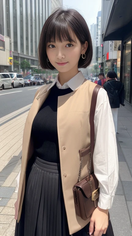(masterpiece, highest quality, RAW Photos, Surrealism, 8k, Very detailed, so beautiful),
(Anatomically correct, The perfect human body, Silky skin, Realistic Skin, country, 17 years old, Japanese Girls, Bored face, Narrow waist, Thin legs, Large Breasts, Baby Face, Beautiful and cute face),
(Round face, Black Hair, Watery eyes, Shining Eyes, Short Bob Cut, bangs, Lowered eyebrows, Small earrings, Lightly reddish),
(Turn your body forward), (View your viewers),
(Smile of the Goddess),
(Flared long skirt, Jacket, Long vest, Luxury Business Bags)
(Morning work time, City Sidewalk, Tokyo, Luxury Buildings, Most pedestrians),
Natural light, full length, whole body, Angle from below