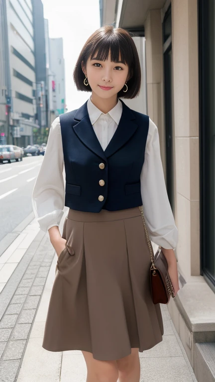 (masterpiece, highest quality, RAW Photos, Surrealism, 8k, Very detailed, so beautiful),
(Anatomically correct, The perfect human body, Silky skin, Realistic Skin, country, , Japanese Girls, Bored face, Narrow waist, Thin legs, Large Breasts, Baby Face, Beautiful and cute face),
(Round face, Black Hair, Watery eyes, Shining Eyes, Short Bob Cut, bangs, Lowered eyebrows, Small earrings, Lightly reddish),
(Turn your body forward), (View your viewers),
(Smile of the Goddess),
(Flared long skirt, Jacket, Long vest, Luxury Business Bags)
(Morning work time, City Sidewalk, Tokyo, Luxury Buildings, Most pedestrians),
Natural light, full length, whole body, Angle from below