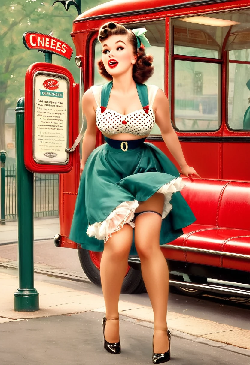 !
Title of the Image: "1950s Pin-Up at the Bus Stop"

Description of the Image:
Transport yourself to a retro bus stop scene from the 1950s, where a glamorous pin-up girl finds herself in a playful predicament. The image captures a moment where the pin-up girl, adorned in a chic polka-dot dress, stockings with suspenders (straps), and high heels, is standing at the bus stop.
A sudden gust of wind sweeps through, causing the girl's petticoat to billow up dramatically. The wind reveals a glimpse of her lacy ruffled panties and garter straps attached to her stockings. With a mix of surprise and amusement, the pin-up girl desperately tries to hold down her petticoat, showcasing a playful struggle against the mischievous wind., Retro Fashion style

The vintage bus stop features classic signage and benches, adding to the nostalgic setting. In the background, old-fashioned buses and pedestrians in retro attire contribute to the lively ambiance of the era. The image exudes a whimsical and flirtatious mood, capturing the essence of 1950s pin-up charm. The playful interaction between the pin-up girl and the wind adds a sense of light-hearted fun and nostalgia. This scene invites viewers to appreciate the timeless allure and cheeky elegance of vintage pin-up aesthetics., in the art style of gil elvgren, vintage_p_style

