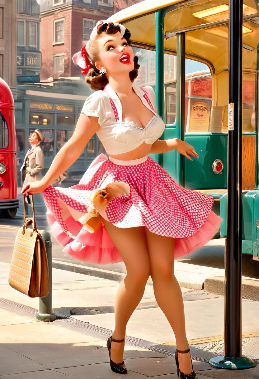 !
Title of the Image: "1950s Pin-Up at the Bus Stop"

Description of the Image:
Transport yourself to a retro bus stop scene from the 1950s, where a glamorous pin-up girl finds herself in a playful predicament. The image captures a moment where the pin-up girl, adorned in a chic polka-dot dress, stockings with suspenders (straps), and high heels, is standing at the bus stop.
A sudden gust of wind sweeps through, causing the girl's petticoat to billow up dramatically. The wind reveals a glimpse of her lacy ruffled panties and garter straps attached to her stockings. With a mix of surprise and amusement, the pin-up girl desperately tries to hold down her petticoat, showcasing a playful struggle against the mischievous wind., Retro Fashion style

The vintage bus stop features classic signage and benches, adding to the nostalgic setting. In the background, old-fashioned buses and pedestrians in retro attire contribute to the lively ambiance of the era. The image exudes a whimsical and flirtatious mood, capturing the essence of 1950s pin-up charm. The playful interaction between the pin-up girl and the wind adds a sense of light-hearted fun and nostalgia. This scene invites viewers to appreciate the timeless allure and cheeky elegance of vintage pin-up aesthetics., in the art style of gil elvgren, vintage_p_style

