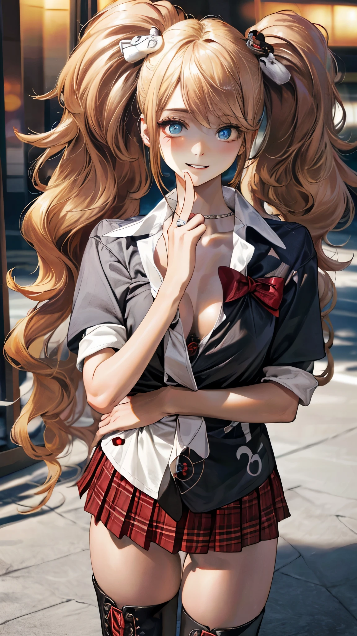 (masterpiece:1.3, top-quality, ultra high res, ultra detailed), (realistic, photorealistic:1.4), beautiful illustration, perfect lighting, natural lighting, colorful, depth of fields, surrealism, nsfw,
beautiful detailed hair, beautiful detailed face, beautiful detailed eyes, beautiful clavicle, beautiful body, beautiful chest, beautiful thigh, beautiful legs, beautiful fingers, shiny skin,
looking at viewer, 1 girl, japanese, high school girl, junkodg, (perfect anatomy, anatomically correct, super detailed skin), cute and symmetrical face, babyface, perfect face, perfect eyes,
(long hair, twintails, strawberry blonde hair, blonde hair), swept bangs, blue eyes, big eyes, long eye lasher, (large breasts, seductive thighs), slender, outstanding style,
(detailed cloth texture, short sleeves, red plaidpleated skirt, tie, boots),
(beautiful scenery), evening, (shopping mall), (standing, hands on chest), (lovely smile, upper eyes, parted lips),