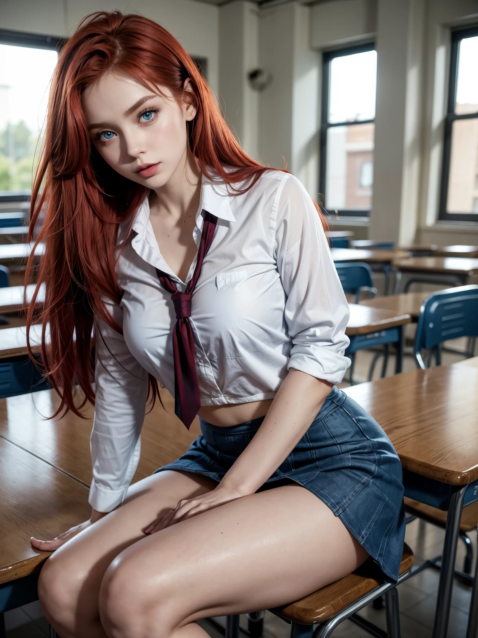 Hot girl, red hair, blue eyes , sexy pose, school clothes, mini skirt, blue lipstick