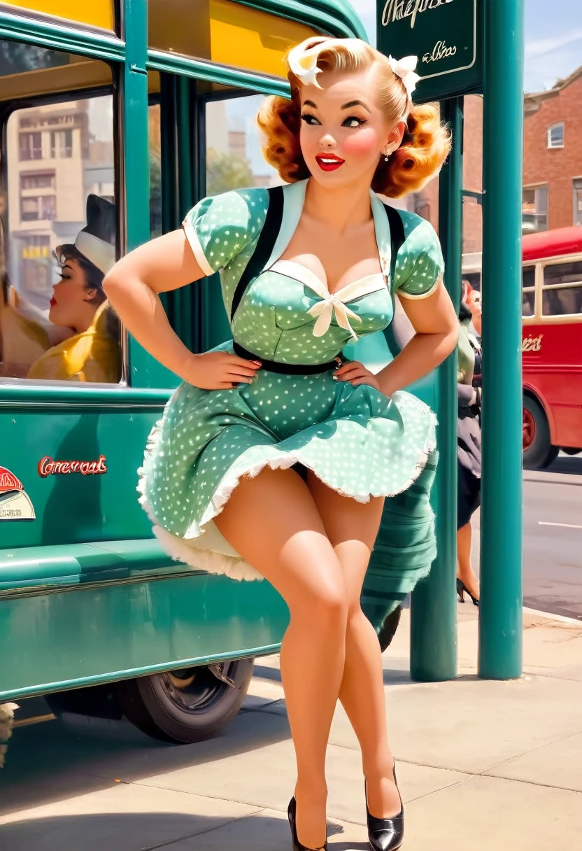 !
Title of the Image: "1950s Pin-Up at the Bus Stop"
Description of the Image:
Transport yourself to a retro bus stop scene from the 1950s, where a glamorous pin-up girl finds herself in a playful predicament. The image captures a moment where the pin-up girl, adorned in a chic polka-dot dress, stockings with suspenders (straps), and high heels, is standing at the bus stop.
A sudden gust of wind sweeps through, causing the girl's petticoat to billow up dramatically. The wind reveals a glimpse of her lacy ruffled panties and garter straps attached to her stockings. With a mix of surprise and amusement, the pin-up girl desperately tries to hold down her petticoat, showcasing a playful struggle against the mischievous wind., Retro Fashion style
The vintage bus stop features classic signage and benches, adding to the nostalgic setting. In the background, old-fashioned buses and pedestrians in retro attire contribute to the lively ambiance of the era. The image exudes a whimsical and flirtatious mood, capturing the essence of 1950s pin-up charm. The playful interaction between the pin-up girl and the wind adds a sense of light-hearted fun and nostalgia. This scene invites viewers to appreciate the timeless allure and cheeky elegance of vintage pin-up aesthetics., in the art style of gil elvgren, vintage_p_style