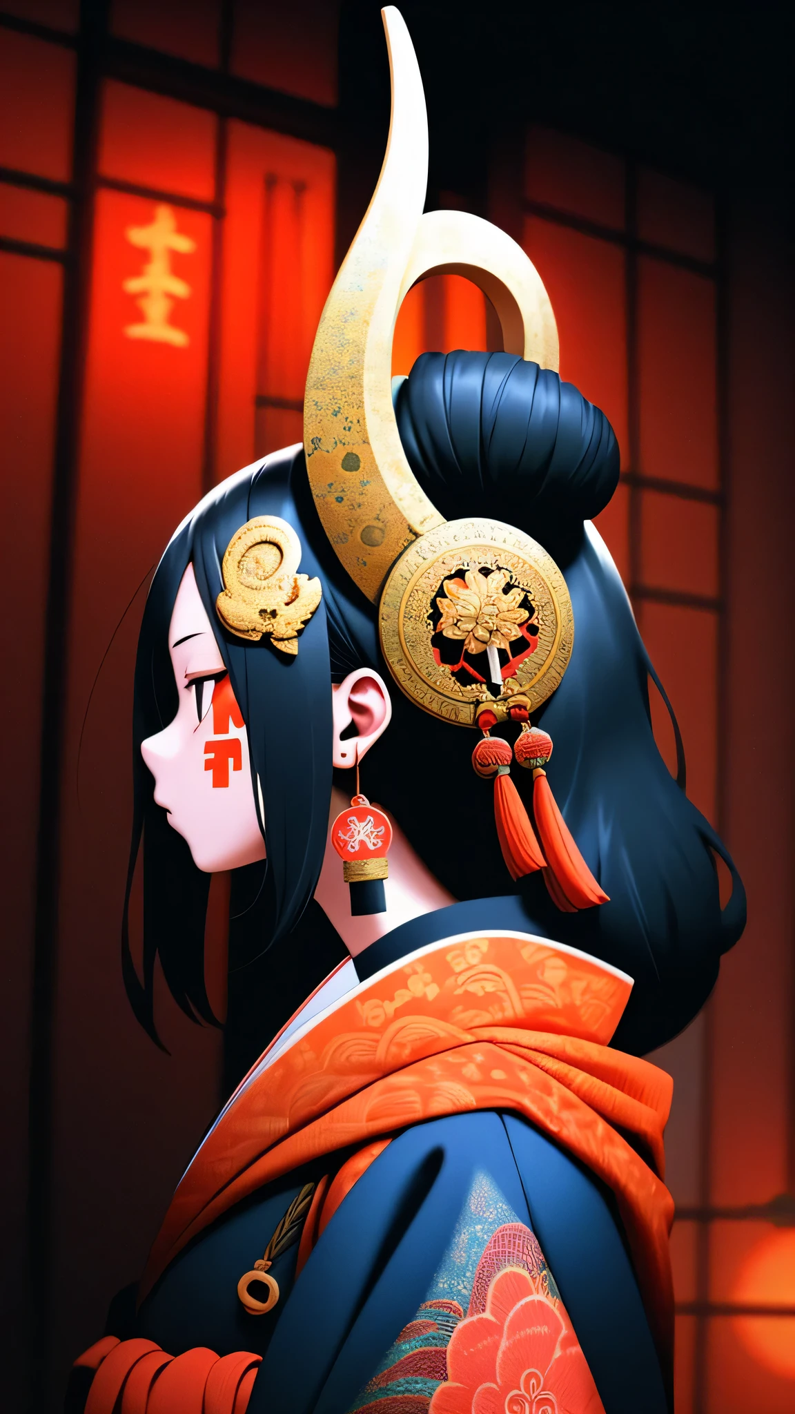 oniNFT, 1girl, solo, black hair, jewelry, earrings, mask, red eyes, japanese clothes, letterboxed, kimono, profile, mask on head, floral print, from side, horns, tassel, hair ornament

(best quality,4k,8k,highres,masterpiece:1.2),ultra-detailed,(realistic,photorealistic,photo-realistic:1.37), HDR, UHD, studio lighting, ultra-fine painting, sharp focus, physically-based rendering, extreme detail description, professional, vivid colors, bokeh, portraits, anime, traditional Japanese, vibrant colors, shadow play, atmospheric lighting.