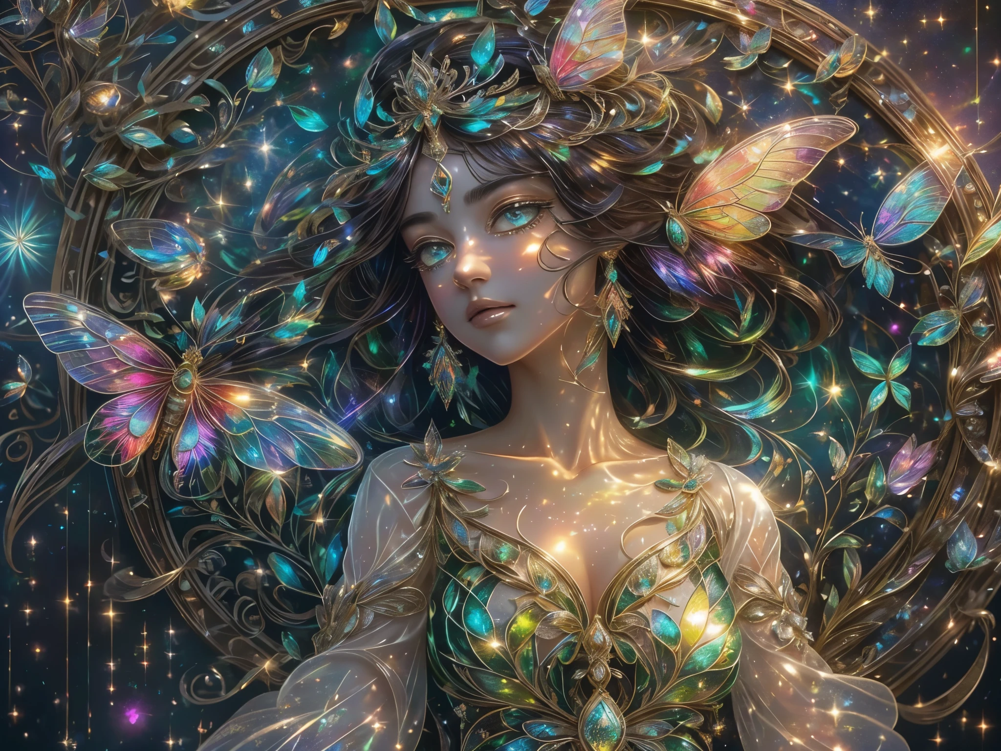 This is a realistic fantasy masterpiece with lots of shimmer, glitter, and intricate ornate detail. Generate one woman with a beautiful and delicate crown sitting on a garden swing at night. (((Her eyes are important and should shimmer with abstract light.))) She is a beautiful and seductive butterfly queen with stunning curly black hair, (((incredibly realistic and detailed dynamic eyes in bright colors with realistic shading))). Her skin is translucent white, her eyes sparkle, and her dress is elegant. Her dress is spun of the finest gossamer silk with delicate, intricate, and subtle floral detailing and gold silk butterfly sleeves. Her face is lovely and . Include glow-in-the-dark flowers, lots of particles, highly realistic fantasy butteflies with translucent jewel-toned wings and fine detailing, and glow. The artwork is done in the style of Guviz and brings to mind masters in the genre such as trending fantasy works on Artstation and Midjourney. Camera: Utilize dynamic composition techniques to emphasize etherealness and delicate detail.