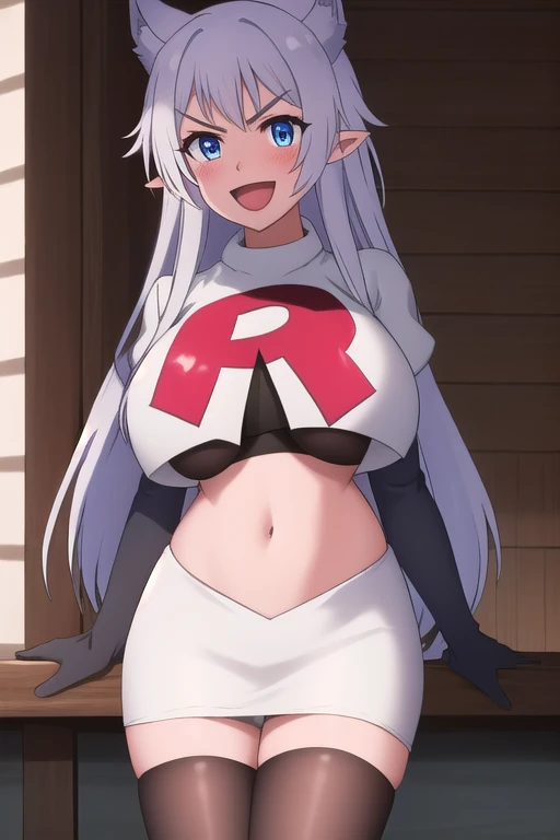 sysdeep_fenrys, 1girl, solo, long_hair, breasts, blush, bangs, blue_eyes, large_breasts, white_hair, :d, sidelocks, choker, pointy_ears, v-shaped_eyebrows, anime_coloring, team rocket,team rocket uniform,white skirt,red letter R,crop top,black thigh-highs,black elbow gloves