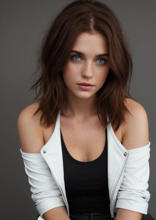 wearing a white leather jacket and black tank top and black pants in the bottom, 1.2, Looking at Viewer, ful body view, Cinematic lighting, Perfect, softlight, High resolution skin:1.2, Realistic skin texture, 24 years old woman、a small face、no-makeup,Bust B Cup, no cleavage show, Blue eyes, short hair, red brown hair, grey background, defined eyes